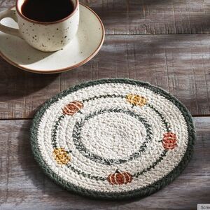 Autumn Harvest Pumpkin Stencil Jute Braided Trivet 8 inch Round Kitchen Table